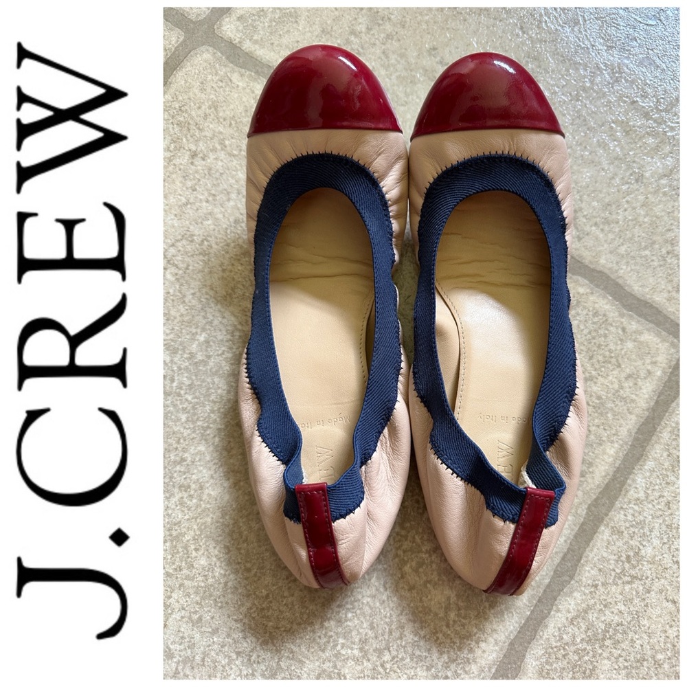 J Crew Red Patent & Tan Leather, With Blue Trim Ballet Flats, Size 8